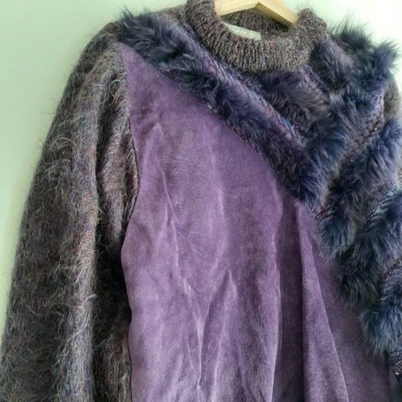 VINTAGE Purple Mohair Wool Suede & Fox Fur Sweater Sz M - Picture 5 of 12